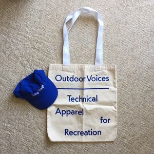 Outdoor voices tote bag and doing things hat